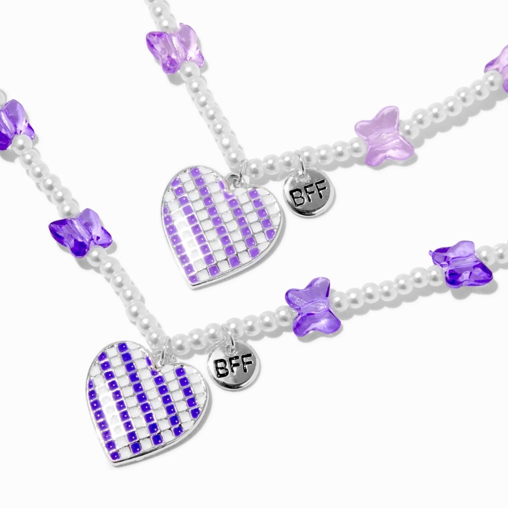 2-Pack Best Friends Purple Heart & Butterfly Pearl Beaded Pendant Necklaces NWT